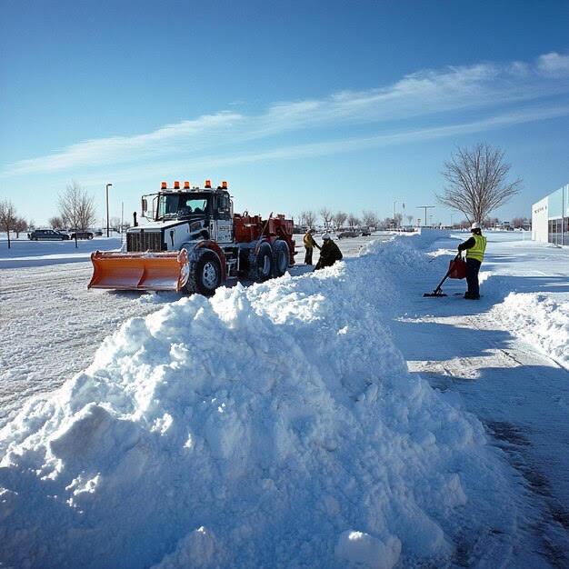 Commercial snow plow clearing a parking lot during winter service